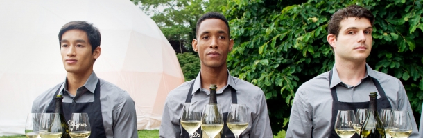 champagne servers in front of geodesic dome for martha stewart and dom perignon