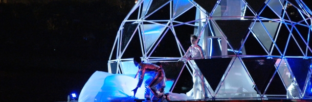 close up of floating geodesic dome by freedomes during the midnight reflection silent concert