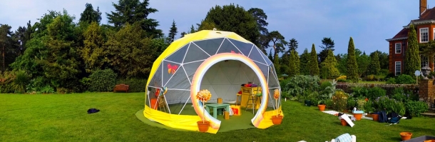 F30 geodesic dome with custom membrane for Twinings by Freedomes