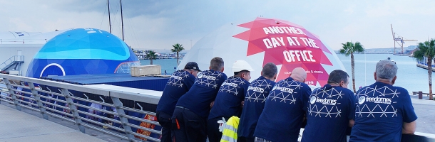 freedomes crew overlooking geodesic domes for vestas and volvo ocean race in allicante spain