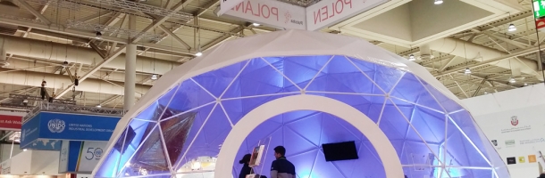front of geodesic dome by freedome in hannover messe