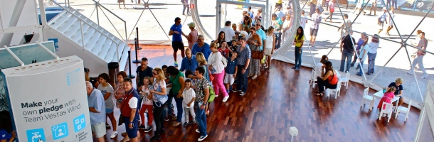 queue waiting to take part in attractions prepared by team vestas wind in freedomes mezzanine