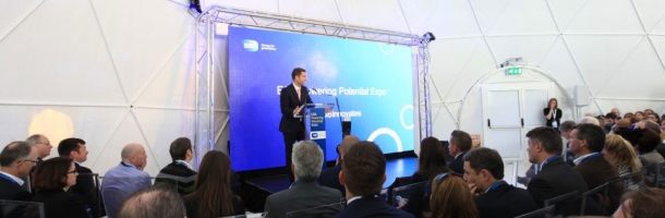 speech in 300 square meter geodesic dome during esb powering potential expo